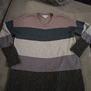 Pink Rose Women's Crewneck Sweater - Purple, Gray, and Cream Stripes